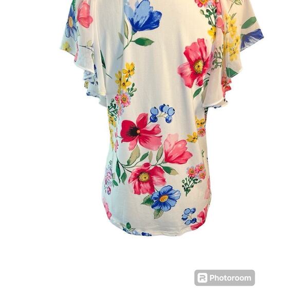 New York & Company Floral Blouse, V Tie Neck, Flutter Sleeve, size Medium - Picture 12 of 12